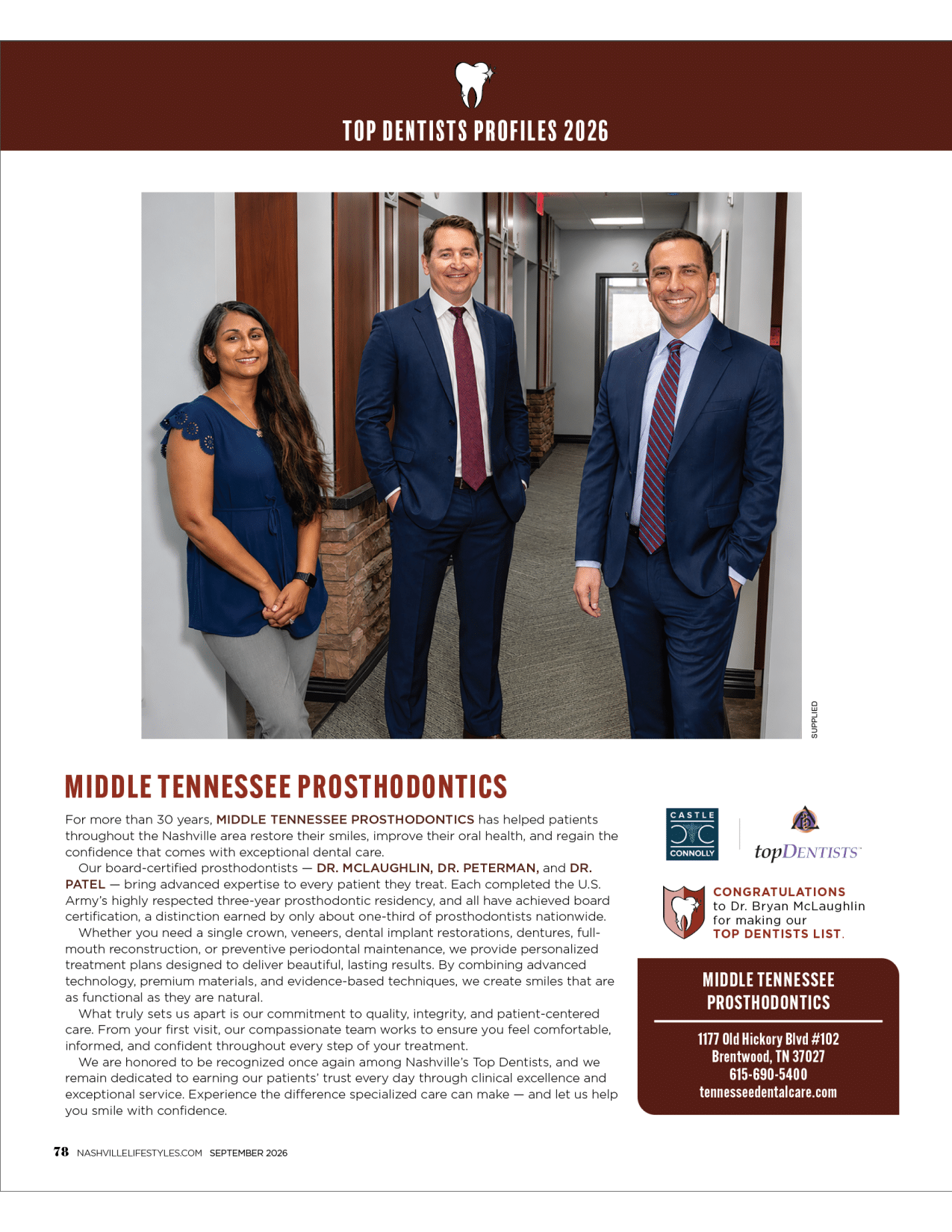 Middle Tennessee Prosthodontics Nashville Lifestyles Top Dentist Article